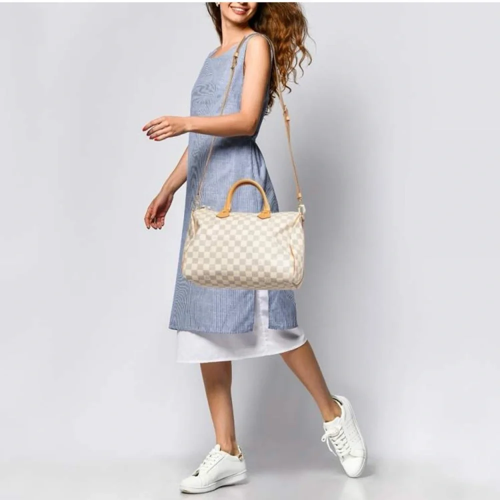 Designer Inspired Checkered Crossbody Bag in Cream and Tan - Picture 3 of 15